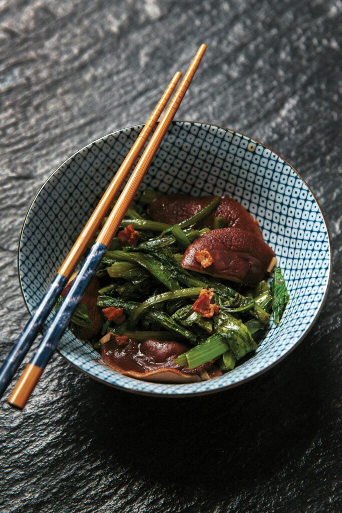 Stir-Fried Celtuce Tops with Wild Mushrooms