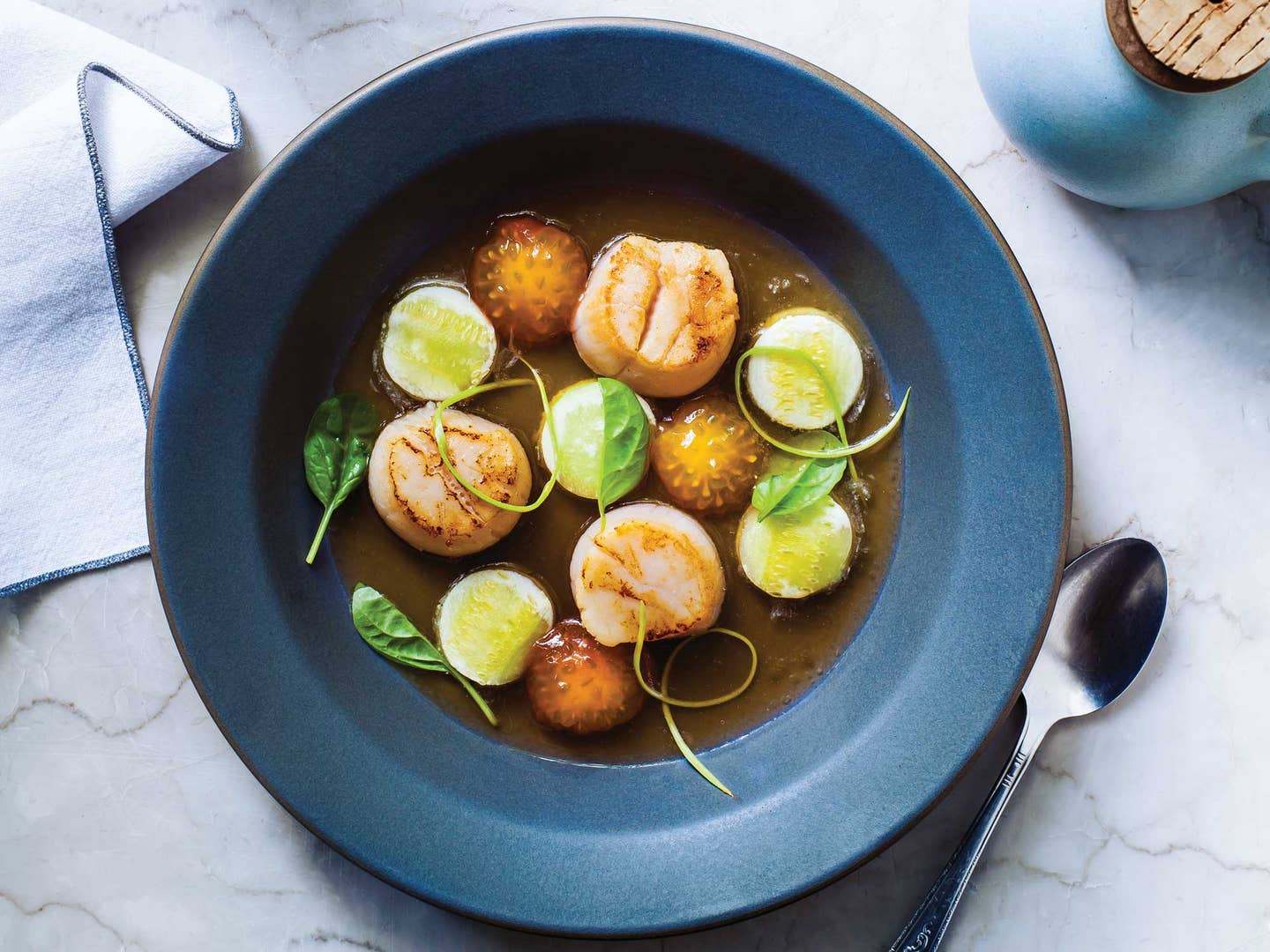 Seared Scallops with Zucchini "Ravioli" and Tomato Water