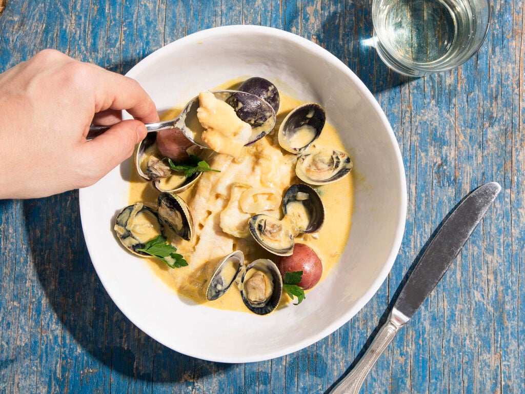 Braised Bass and Clams in White Wine and Cream