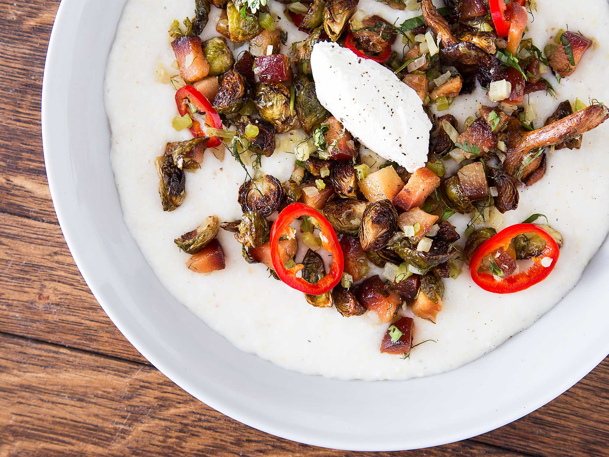 Grits with Brussels Sprouts, Quince, and Goats' Milk Curd Saveur