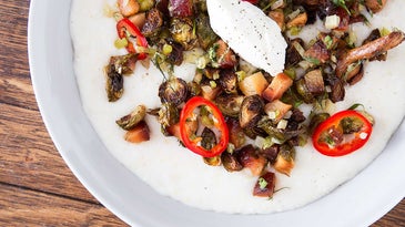 Grits with Brussels Sprouts, Quince, and Goats' Milk Curd