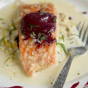 Slow-Cooked Salmon with Creamy Leeks and Red Wine Butter