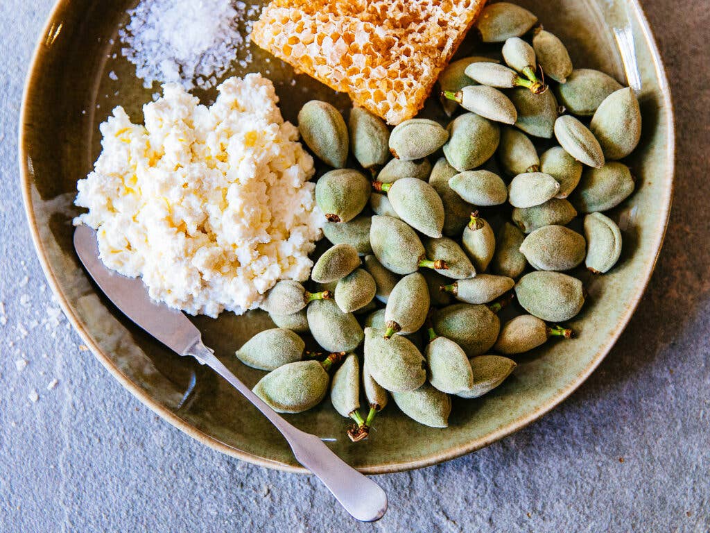 Green almonds with ricotta and honeycomb