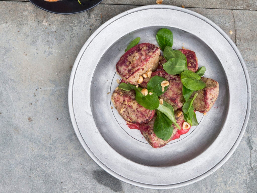 Fried Beets with Raspberry Sauce and Hazelnuts