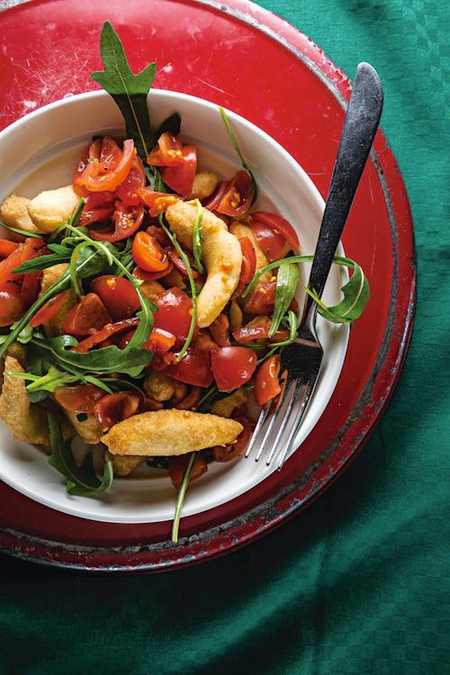 Angioletti Fritti con Rucola e Pomodori (Fried Dough with Arugula and Grape Tomatoes)