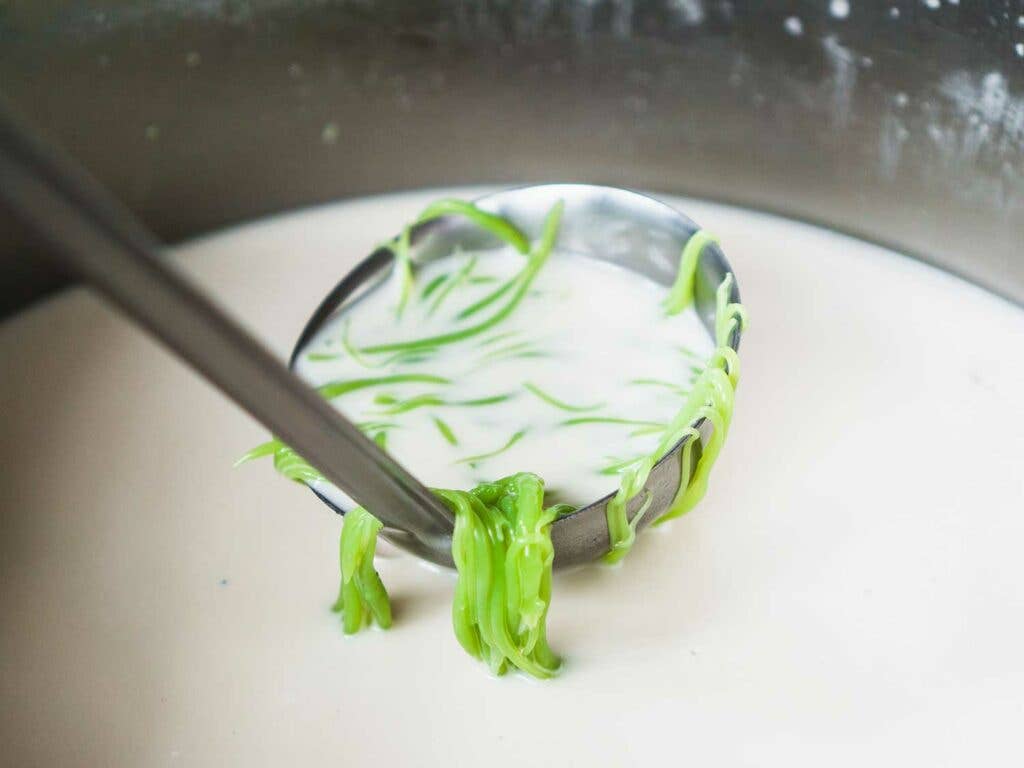 Pandan rice jellies and coconut milk