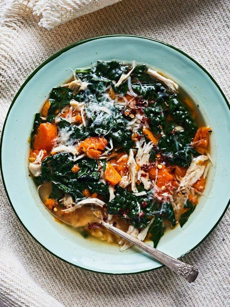 The Best Chicken Soup, with rice, carrots, and kale