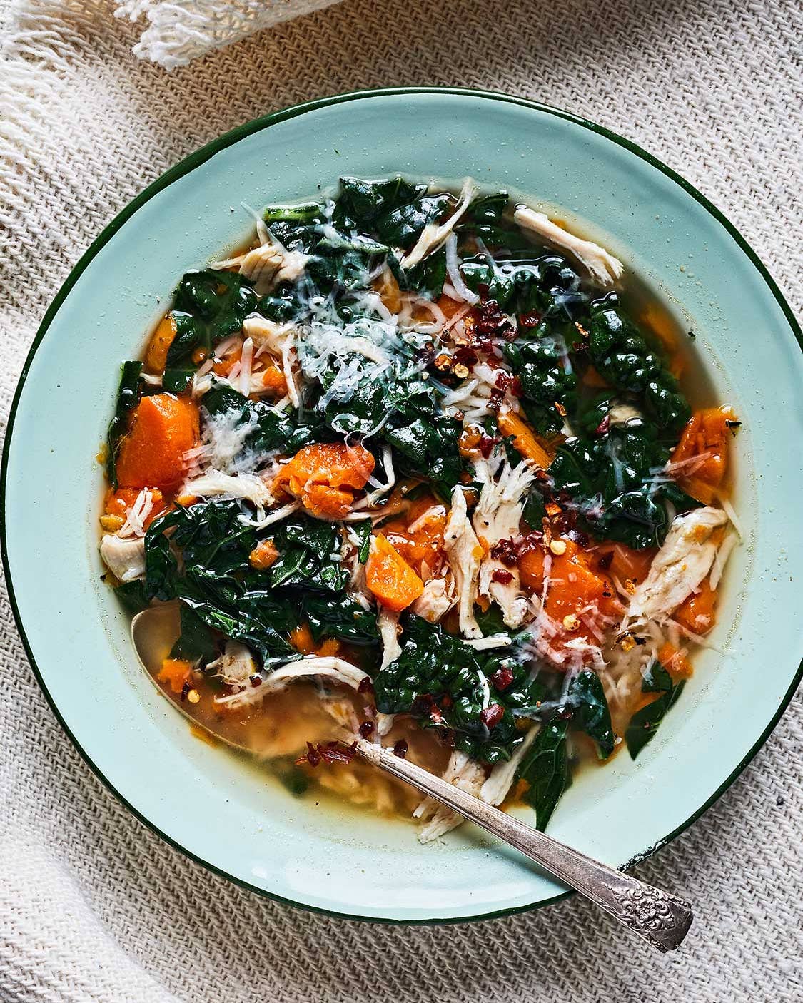 The Best Chicken Soup, with rice, carrots, and kale