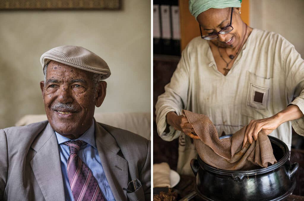 Senait preparing sour bread and Gebreyesus