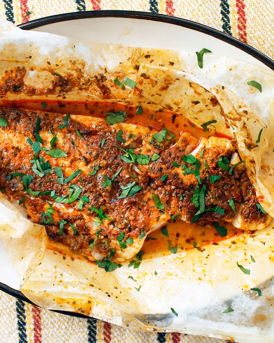 Parchment-Baked Fish with North African Chermoula Sauce