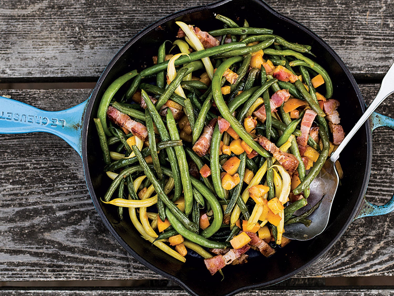 image of Sautéed Green Beans With Peaches and Bacon recipe by Saveur