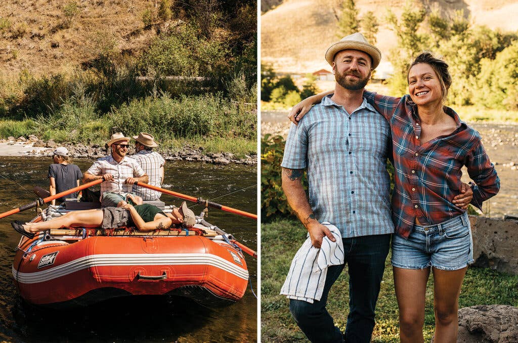 Elias Cairo rowing a boat and standing with Jessica Hereth