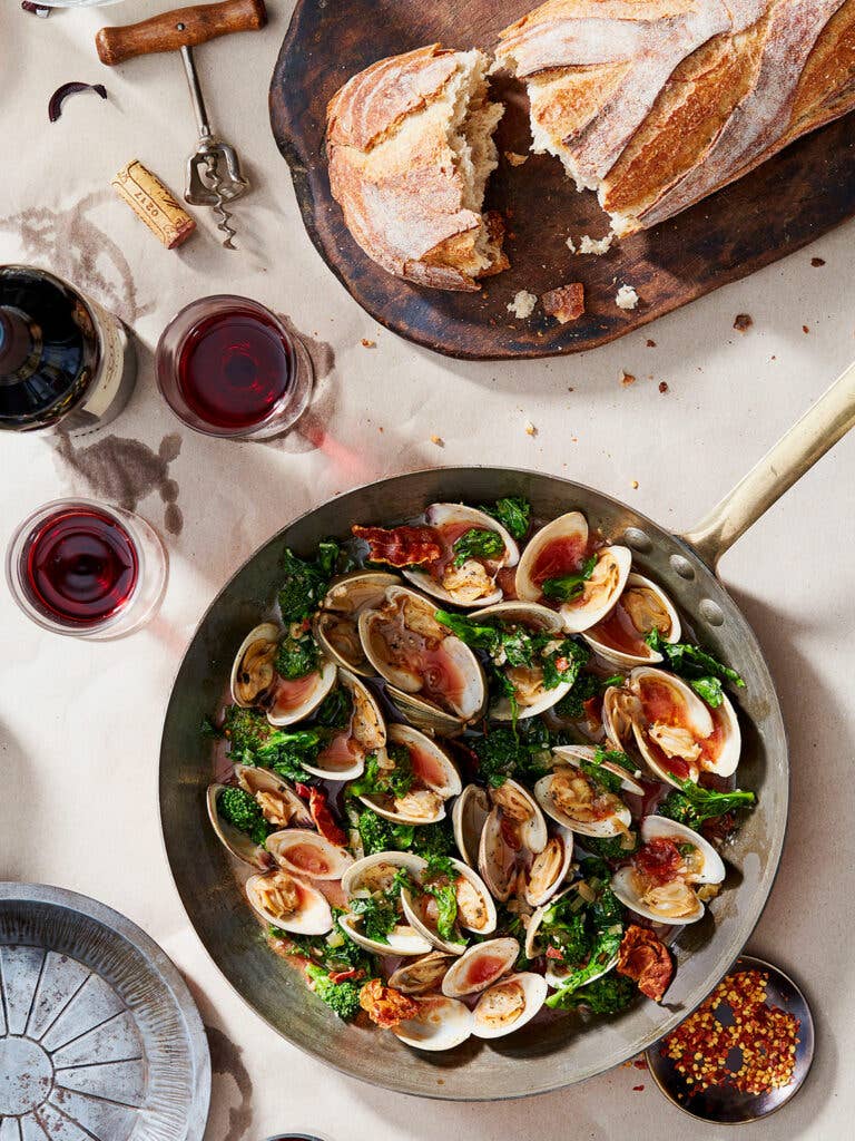 Clams with Broccoli Rabe and Crispy Prosciutto in Tomato-Wine Sauce