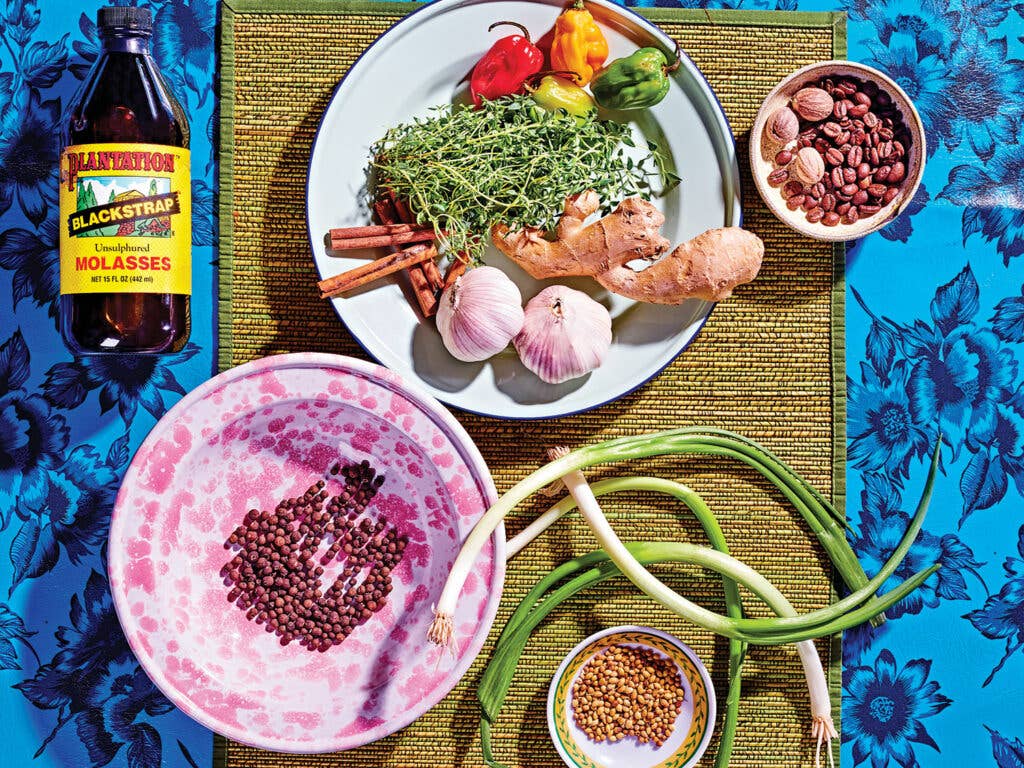 jerk marinade ingredients on a floral blue background