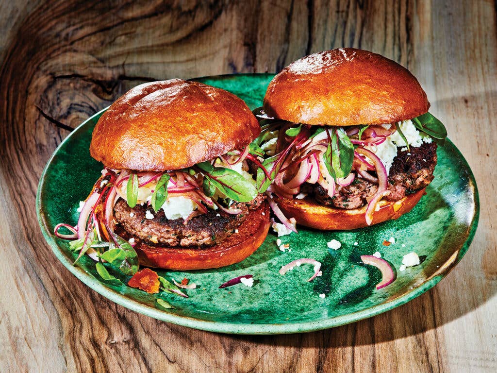 Lamb Burger with Mint, Feta, and Balsamic Onions