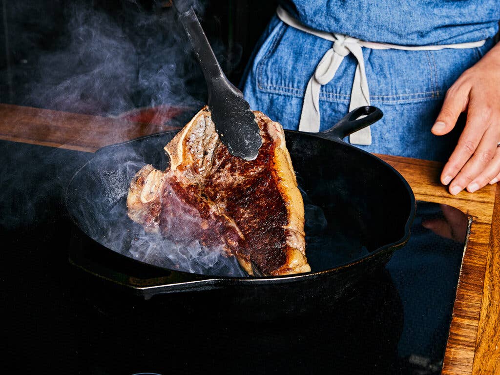 searing steak in cast iron skillet