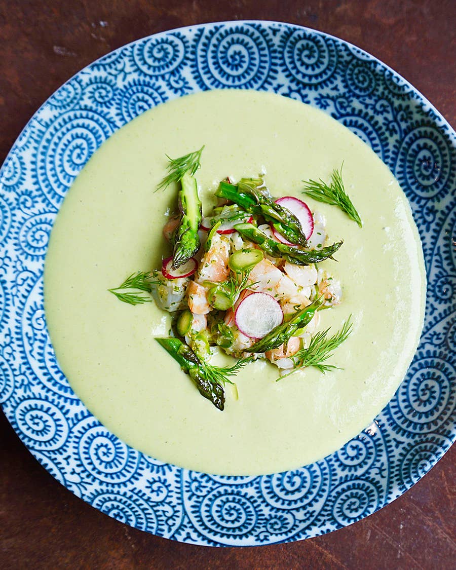Chilled Asparagus Soup with Herbed Shrimp