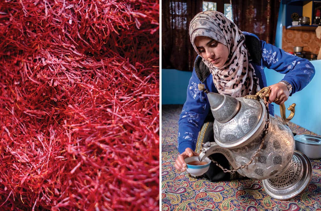 dried saffron and woman pouring saffron tea