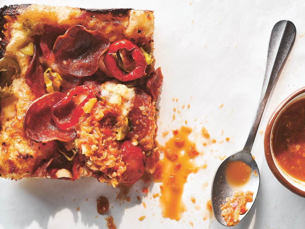 slice of Detroit pepperoni pizza