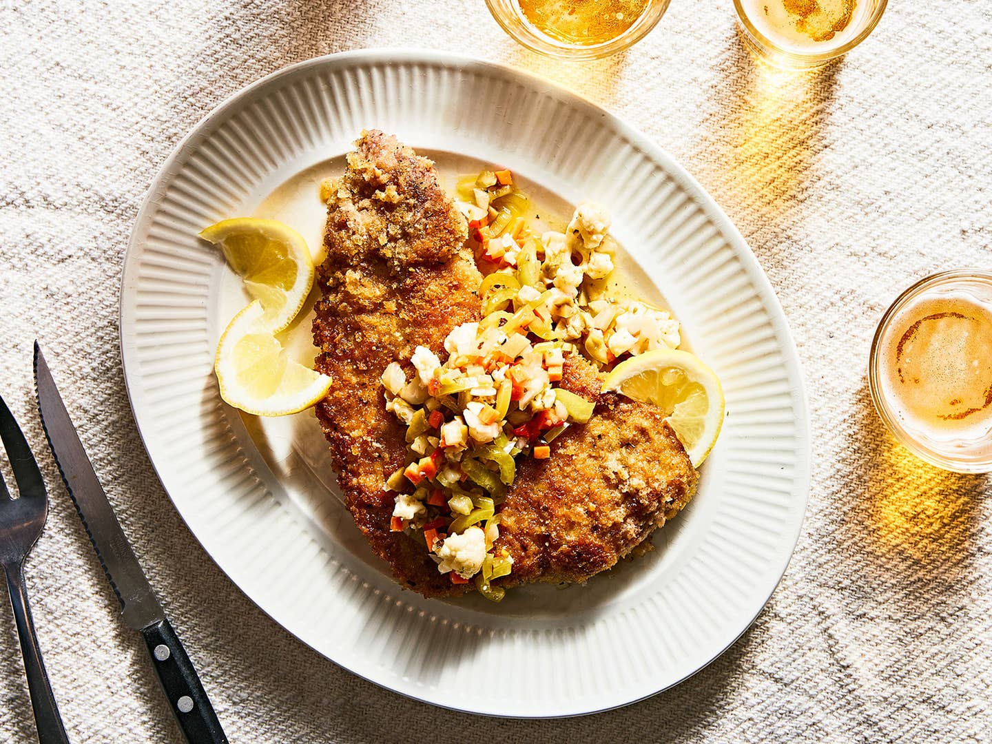 Crispy Pork Schnitzel with Green Olive Giardiniera