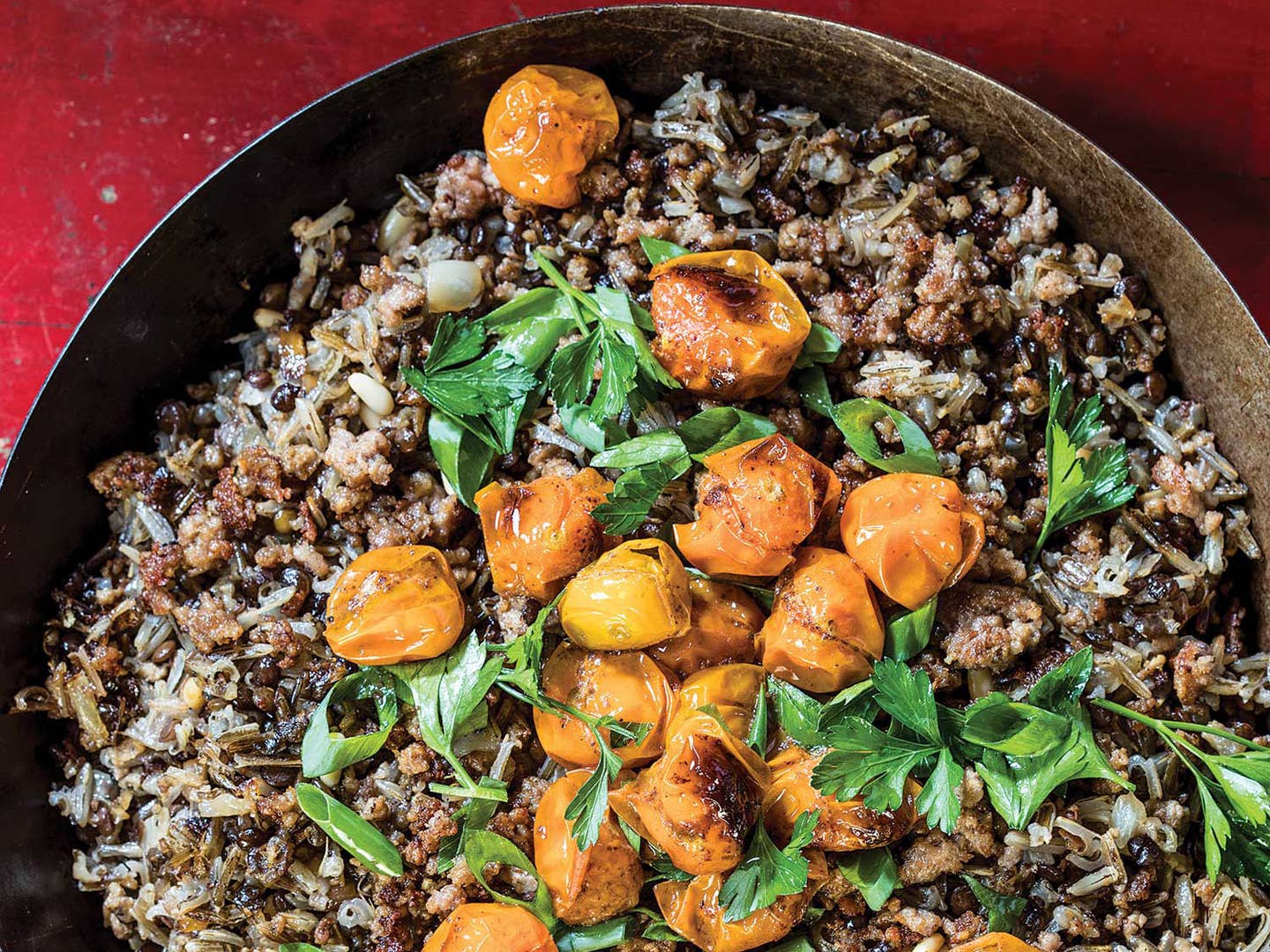Wild Rice Hash with Beef, Lentils, and Sumac-Roasted Tomatoes