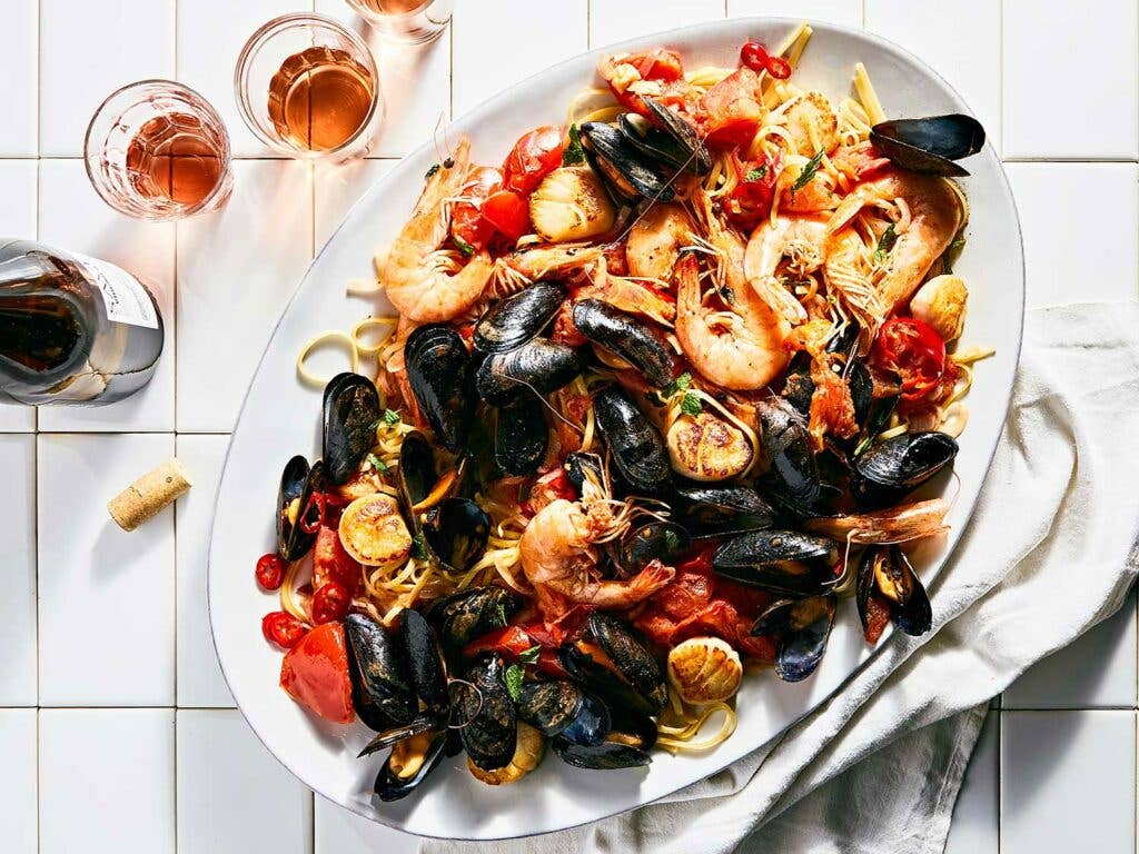 Seafood Pasta with Tomatoes, Chiles, and Mint