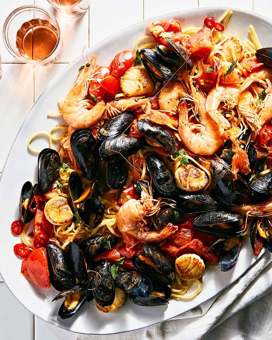 Seafood Pasta with Tomatoes, Chiles, and Mint