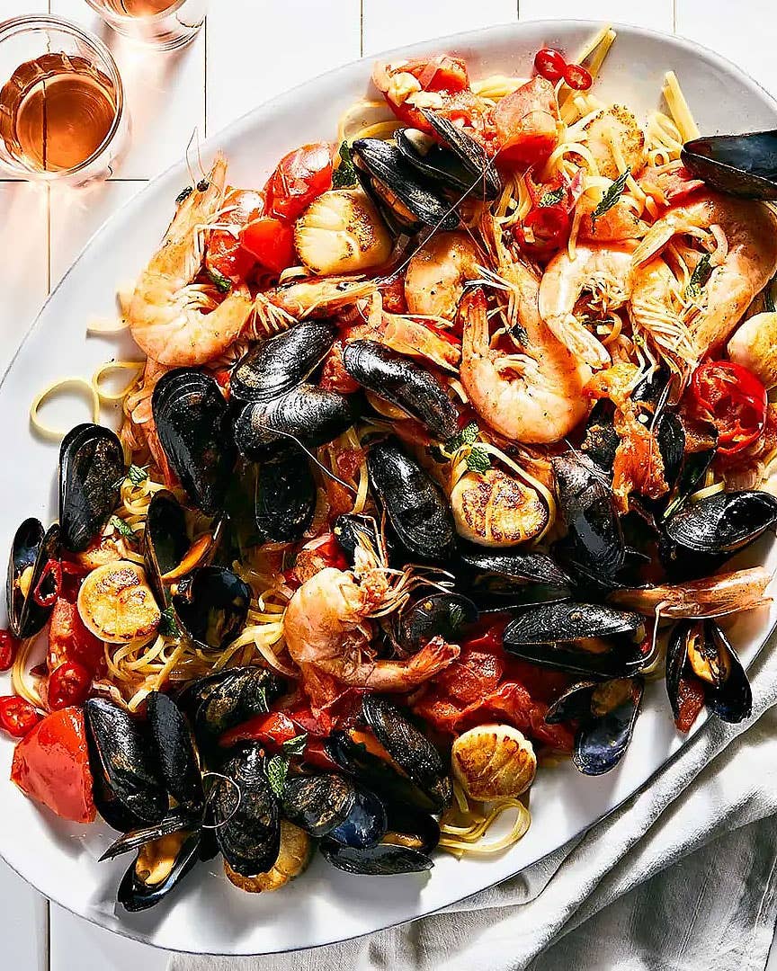 Seafood Pasta with Tomatoes, Chiles, and Mint