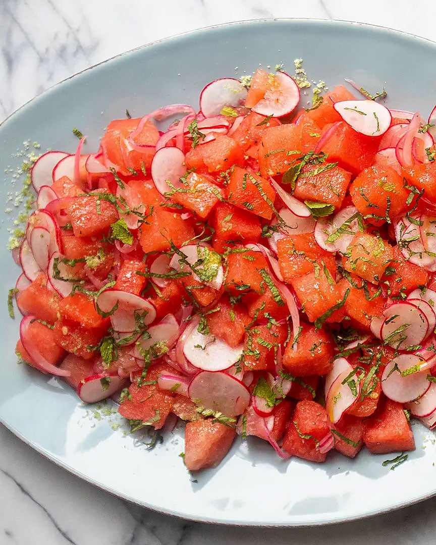 Watermelon Salad with Habanero-Pickled Onions and Lime Salt
