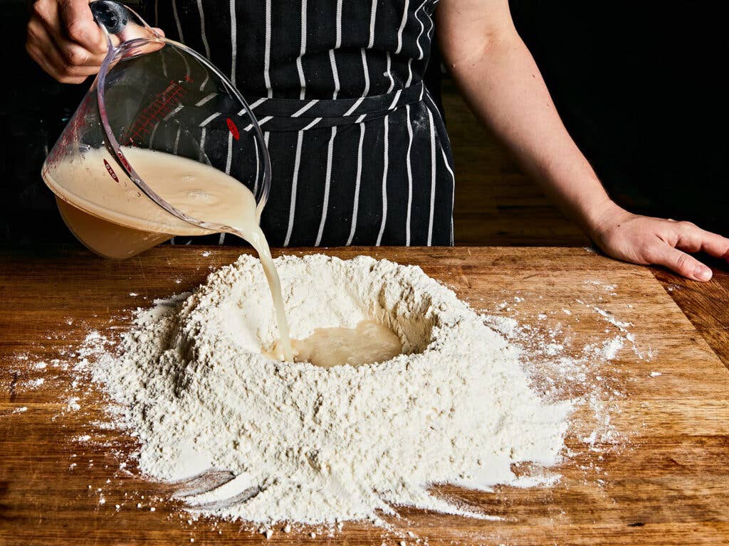 Well of flour for making pizza dough.