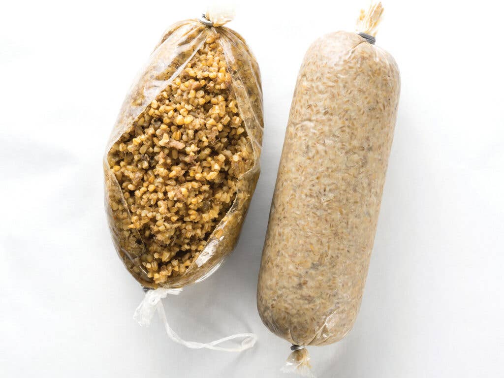 Haggis wrapped in disposable plastic casings.