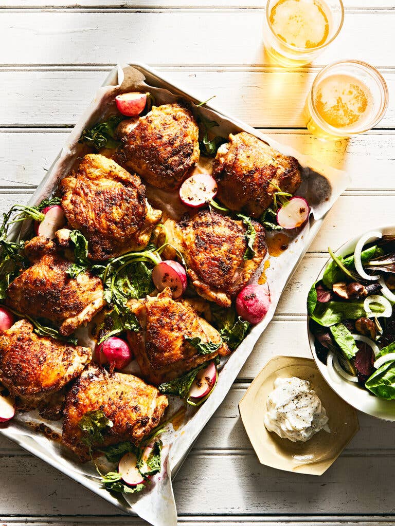 Radishes roasted on the same baking sheet as chicken.