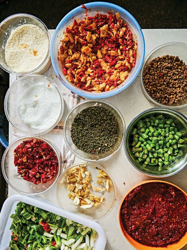 Numbing Sichuan peppercorns and dried and fresh local chiles