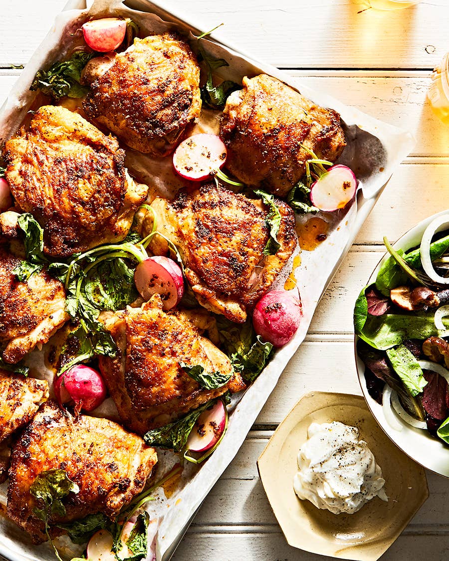 Shawarma-Spiced Chicken Thighs with Roasted Radishes