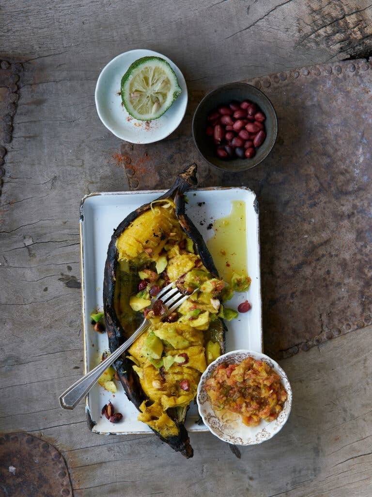 Roasted Ripe Plantain with African Pepper Compote on serving dish.