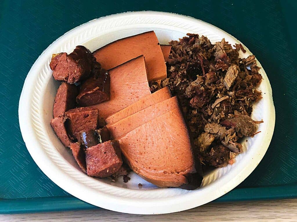 BBQ meats, including a hot link and chopped beef, at Oklahoma Style BBQ