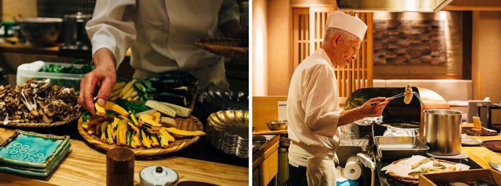 Seasonal ingredients line the counter while tempura chef Bunji Nishidate works his magic.