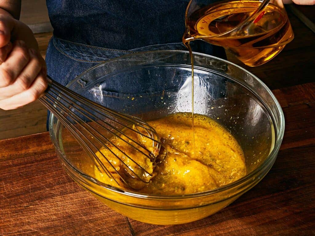 Robust, fruity, and peppery extra-virgin olive oil whisked into mixture.