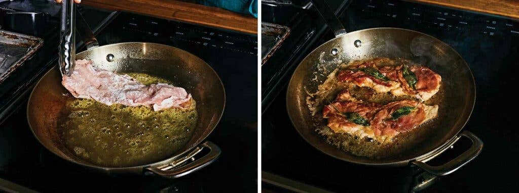 Frying the cutlets in hot skillet.