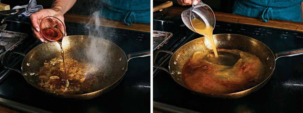 Deglazing the pan with marsala and chicken stock.