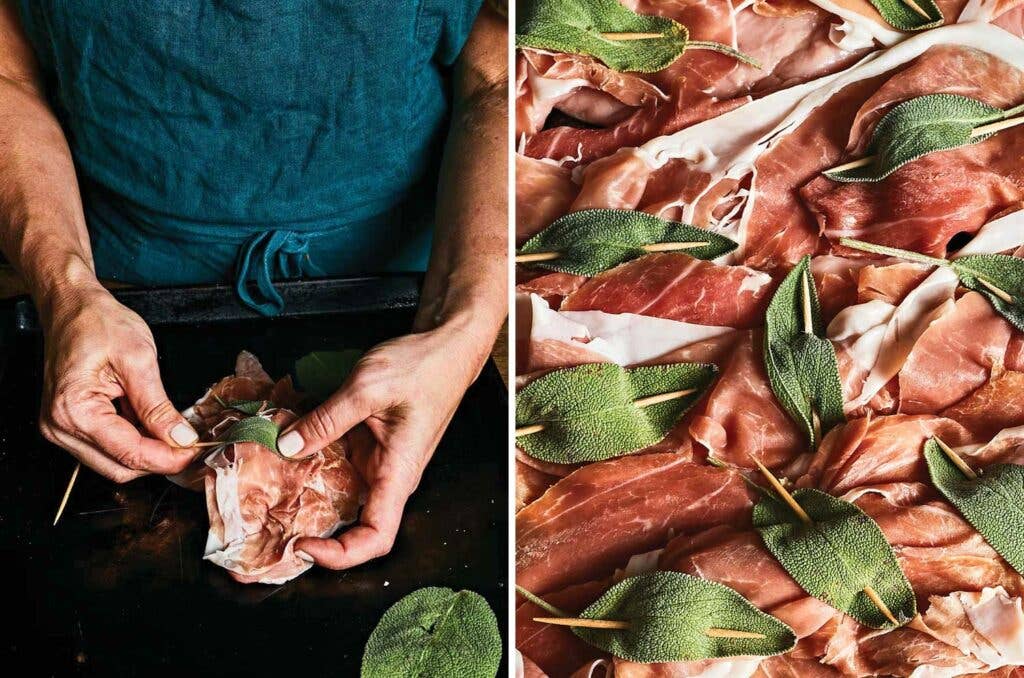 Toothpicks holding together whole sage leaves into the prosciutto on top of veal cutlet. Toothpicks holding together whole sage leaves into the prosciutto on top of veal cutlet.