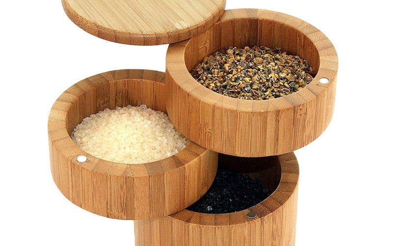 Totally Bamboo Triple Salt Box, Three Tier Bamboo Storage Box with Magnetic Swivel Lids