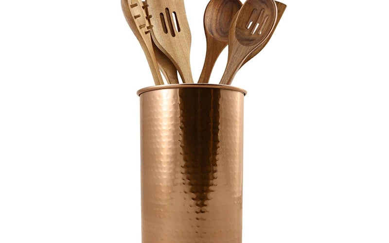 Hammered copper utensil crock