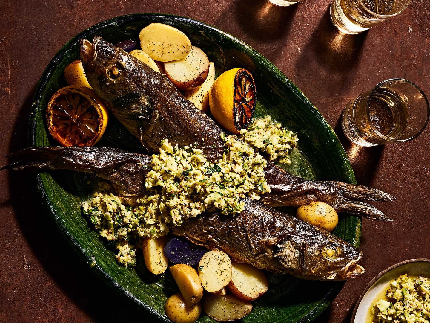 Roasted Branzino with Broccoli-Stem Vinaigrette