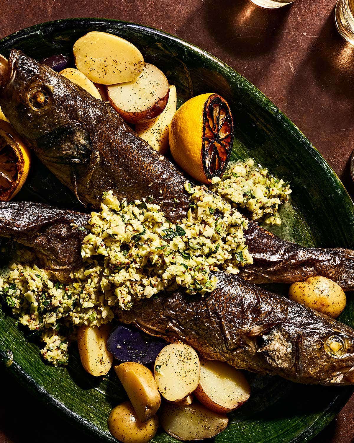 Roasted Branzino With Broccoli-Stem Vinaigrette Roasted Branzino with Broccoli-Stem Vinaigrette