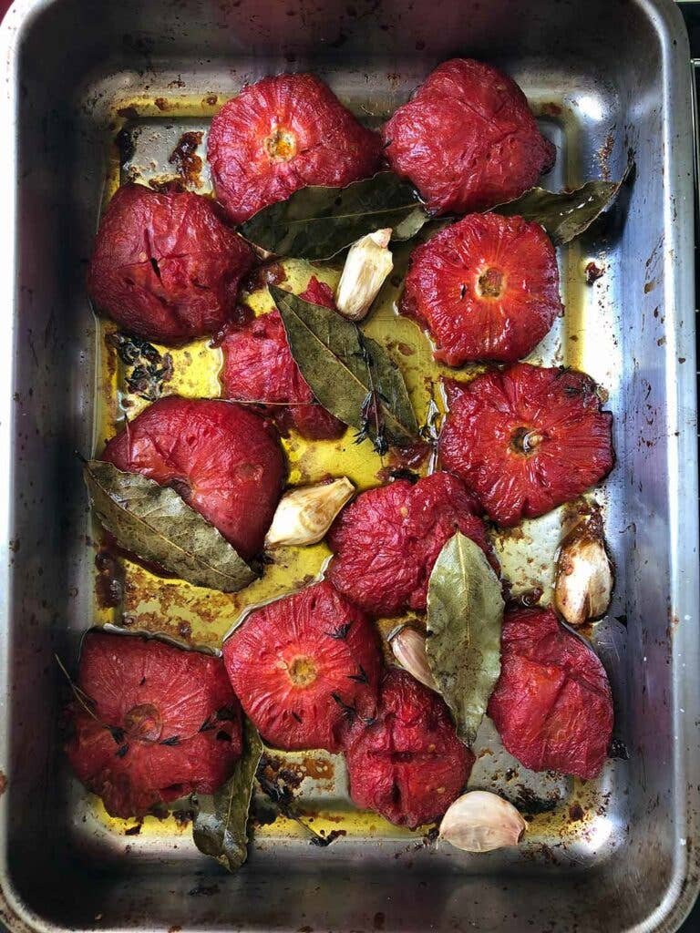 tomato confit in a baking dish