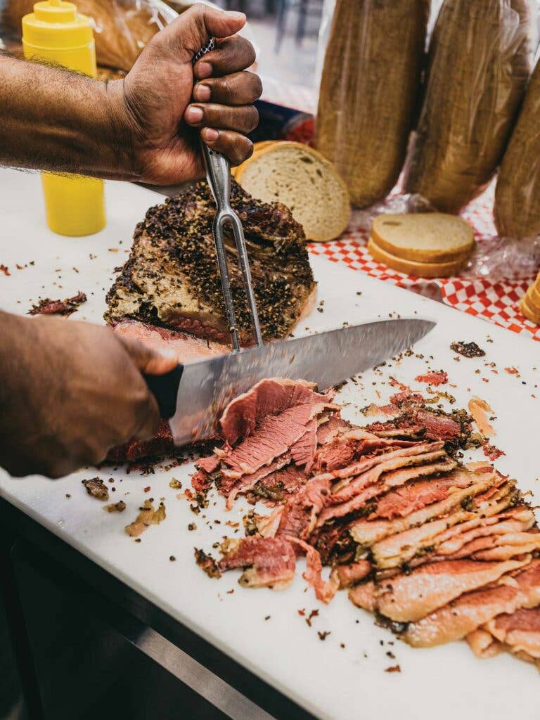 Brisket cut by hand.