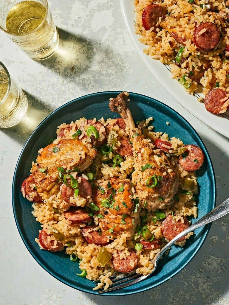 A sprinkling of chopped scallion and parsley on top of Jambalaya.