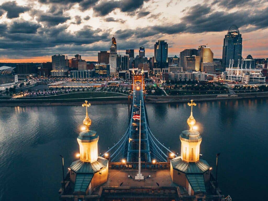 The Roebling Bridge leading into Cincinnati