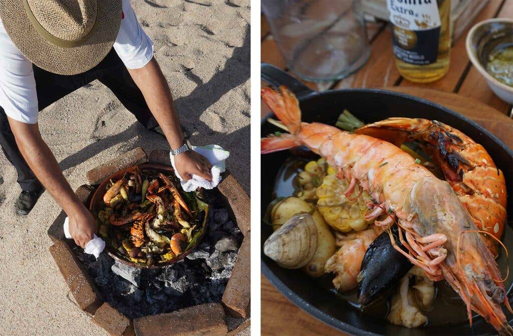 Lobster, and blue and brown shrimp cooked over an open fire.